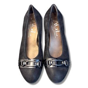 AGL Black Patent Bit Ballet Wedge Flats Size 39.5 / 9.5 Like New